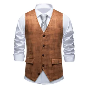 Men's retro suede print suit vest waistcoat casual business formal wear single button top