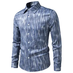 Details of men's long sleeve distressed print casual shirt fabric texture craftsmanship.