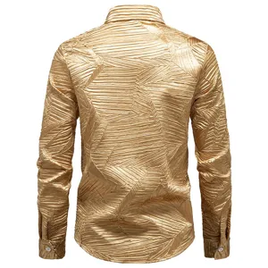 Men's gold pleated long sleeve casual shirt autumn fashion designer apparel style