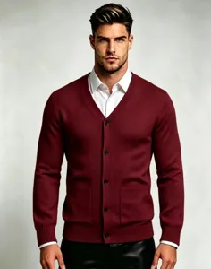 Men's stylish burgundy V-neck button-down knit cardigan sweater with front pockets