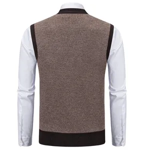 Detail view of men's knit sweater vest in brown marl, featuring ribbed trim and slim fit design.