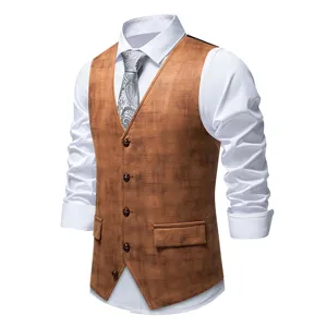 Detailed view of men retro brown printed suede suit vest waistcoat with tie for business.