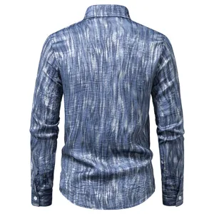 Back view detail of men's casual long sleeve shirt with vintage distressed print pattern.