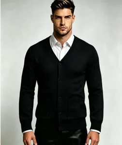 Men's black V-neck cardigan sweater with buttons and pockets, stylish and slim fit casual top.