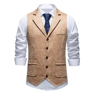 Men's vintage lapel suit vest featuring suede texture print, paired with a white dress shirt.