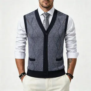 Close-up detail of men's knit cardigan vest with V-neck and argyle pattern for autumn winter.