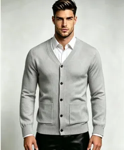 Men grey V-neck cardigan knitwear with buttons and pockets, stylish slim fit autumn winter sweater