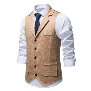 Men's vintage lapel suit vest with suede-like print, paired with a classic shirt and tie.