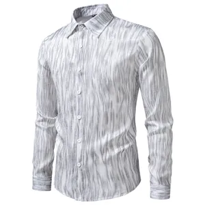 Men's casual long sleeve button down shirt with distressed abstract print in grey and white.
