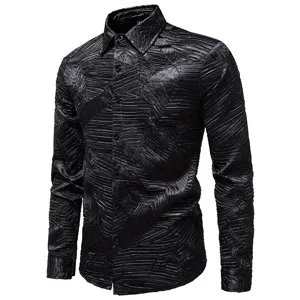 Mens black long sleeve button down shirt with unique wrinkled pleated texture design casual top