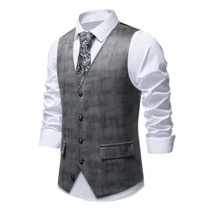 Men's grey plaid suede vest with long sleeve white shirt and tie for business casual style.