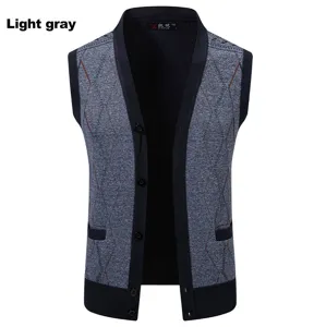 Men's V-neck knit cardigan vest autumn winter casual slim sweater waistcoat light gray.