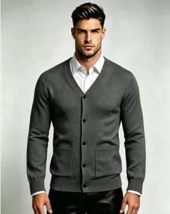 Detailed view of men's solid v-neck button cardigan knitwear sweater casual outerwear.