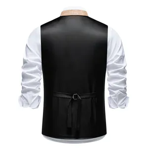 Men's retro suit vest detail, black body with brown suede printed lapel and adjustable back strap.
