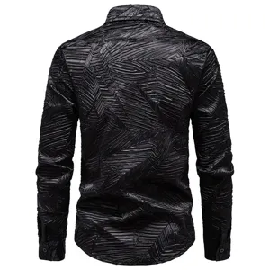 Men's black long sleeve casual shirt featuring unique textured pleated fabric design.