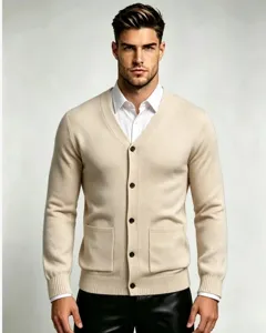 Men's V-neck knit cardigan sweater featuring button-front closure and dual pockets detail.