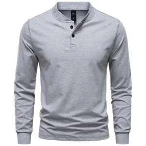 Men's casual long sleeve henley t-shirt cotton stretch slim fit grey top detail view