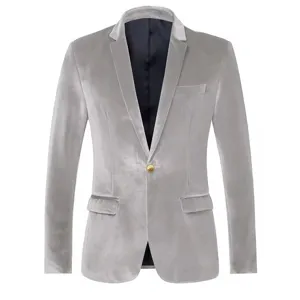 Men's slim fit velvet blazer casual single button suit jacket for autumn spring fashion wear.