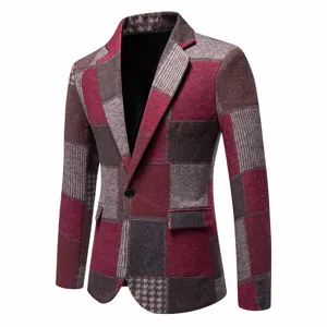 Giacca blazer da uomo in lana patchwork vintage cappotto casual monopetto inverno