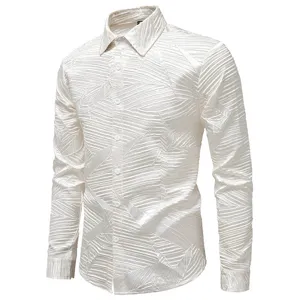 Detailed view of white men's long sleeve button up shirt featuring unique crinkled pleated texture design.