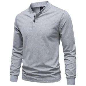 Men gray Henley long sleeve t-shirt detail, cotton stretch slim fit casual top view.