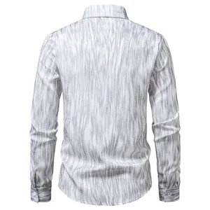 Detailed back view of men's casual long sleeve shirt featuring unique distressed print pattern.
