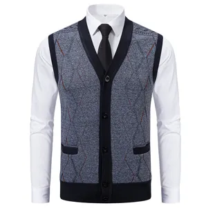Close-up detail of men's knitted v-neck button cardigan vest paired with a white dress shirt.