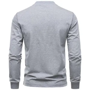 Back view details of men's casual slim fit long sleeve t-shirt, grey cotton stretch fabric.