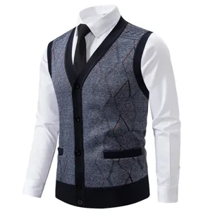 Men's knitted argyle sweater vest detail, V-neck cardigan style for autumn winter layers.