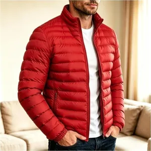 Herren einfarbige rote Stehkragen Pufferjacke Winter lässiger warmer Steppmantel Detail.
