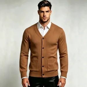 Men's Slim Fit V-Neck Knitted Cardigan Sweater Autumn Winter Long Sleeve Button Down Solid Color Casual Jacket With Pockets