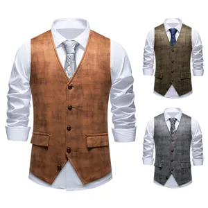 Men Retro Suede Printed Suit Vest Single Breasted V-Neck Waistcoat Slim Fit Casual Business Sleeveless Jacket Top