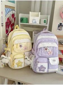 Japanese cute star backpack large capacity school bag with transparent front pocket and plush charms.