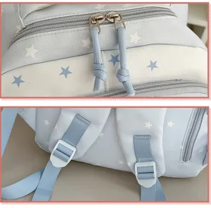 Cute star pattern backpack detail view, featuring durable zippers and adjustable straps.