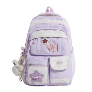 Cute purple star print school backpack with multi pockets and plush pendant for student girls.