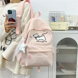Japanese style sweet and fresh pink polka dot backpack with cute puppy print for student daily use