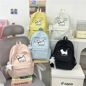 Japanese style cute puppy printed canvas backpack for school students, sweet and fresh daily wear.
