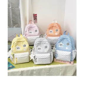 Korean style ins cute sweet campus backpack, plaid polka dot design, large capacity school bag.