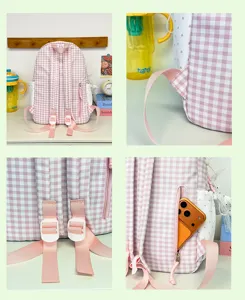 Detailed view of the cute pink gingham backpack, featuring adjustable straps and side zipper pocket.
