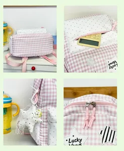 Pink checkered school backpack cute student bookbag with sweet heart and star patch design.