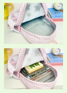 Korean style pink gingham student backpack large capacity cute school bag for women
