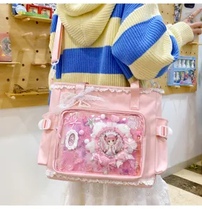 Pink Ita Bag Crossbody Canvas Shoulder Bag with Transparent Window and Lace Trim