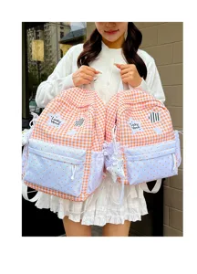 Korean style cute sweet campus backpack with plaid pattern and heart polka dot pockets for students.