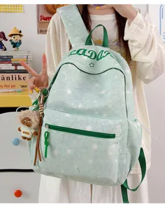 Casual printed canvas backpack for students, lightweight large capacity green star bag new 2026 design