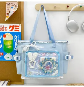 Light blue Japanese JK cute sweet girl tote itabag with bow lace and clear window for pins.