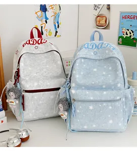 Casual printed student backpack with cute pendant, large capacity nylon school bag for daily use.