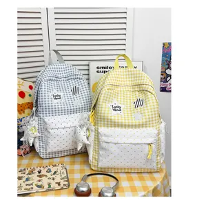 Korean style cute sweet campus canvas backpack casual checked school bag for women