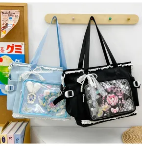 Kawaii ita bag canvas tote shoulder bag with clear front pocket and cute lace bow accessories.