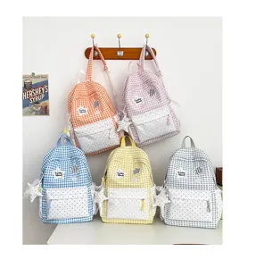 Korean style cute sweet campus plaid polka dot large capacity backpack student school bag detail