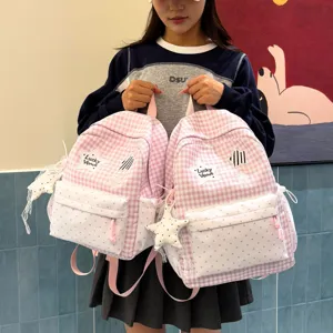 Kawaii School Backpack For Girls Cute Polka Dot Plaid Patchwork Large Capacity Student Bookbag Waterproof Nylon Travel Daypack Sweet Style